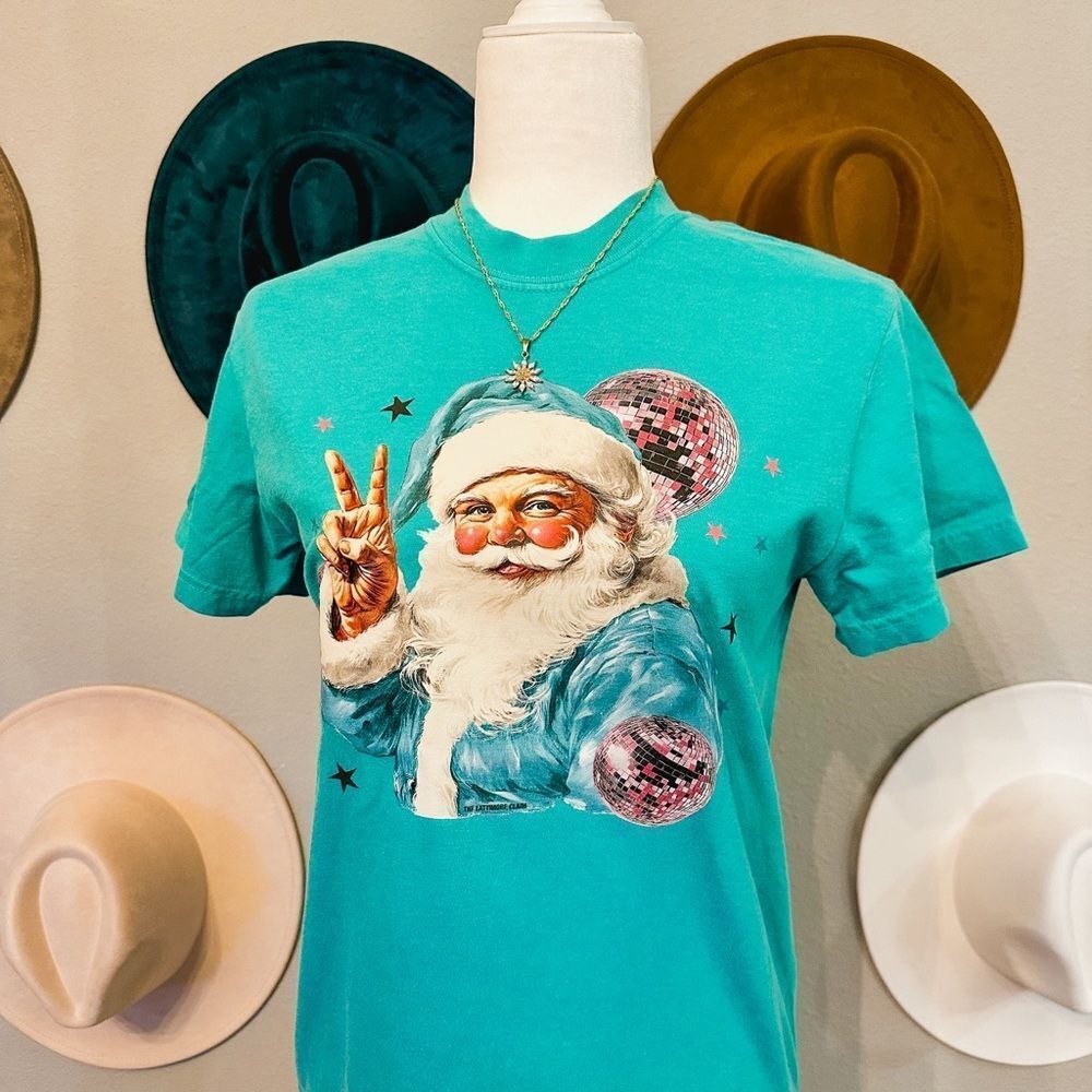 Teal Disco Santa Christmas T-Shirt